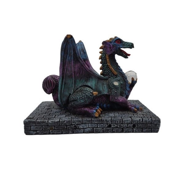 Dragon Figurine Candle Holder Crystal Ball Purple Green  7.5 Inches Long with Ba - Picture 2 of 5